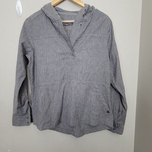 prAna Womens Shelton Top Hooded Hemp Pullover Secret Pocket Grey Chambray Small - Picture 1 of 4